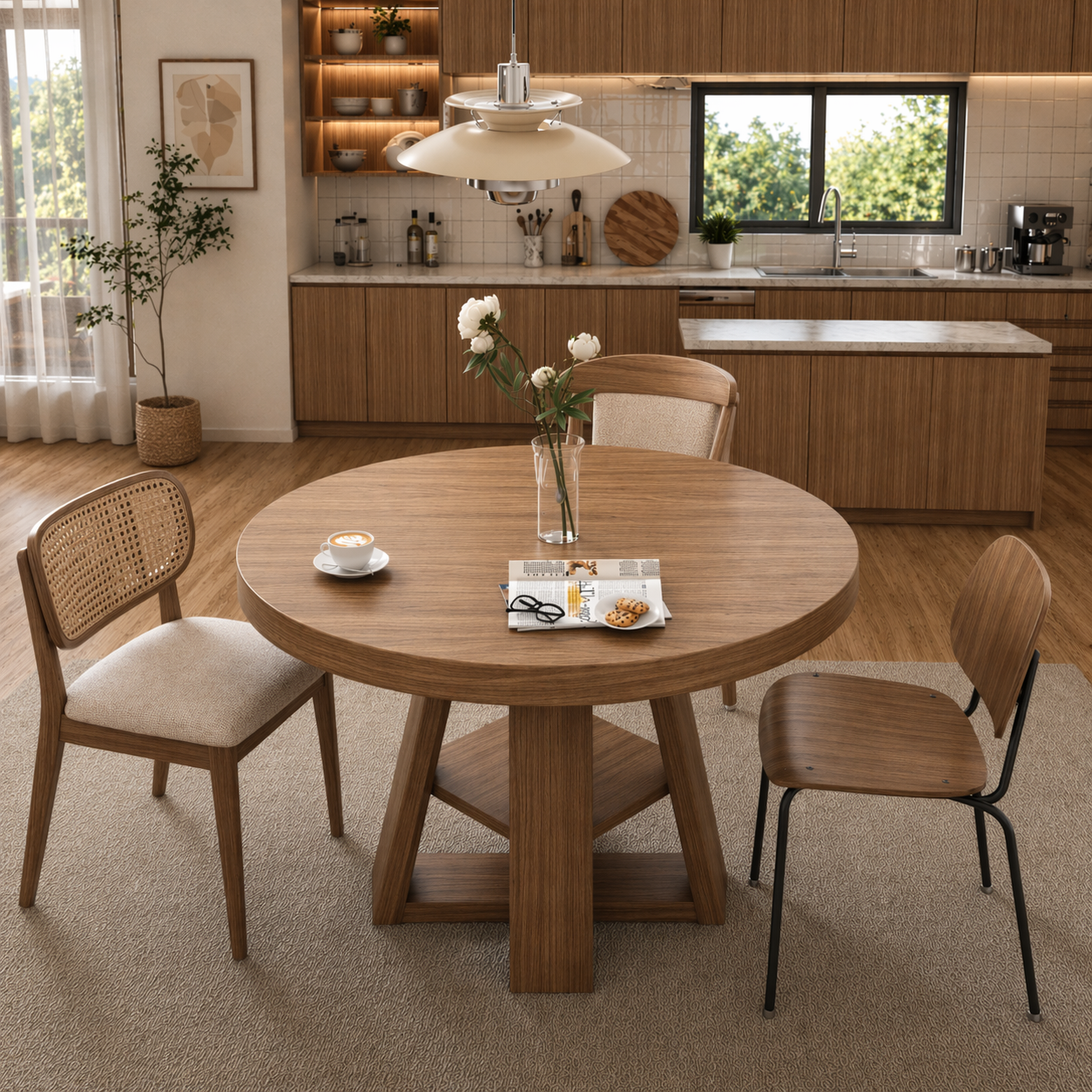 Round Solid Wood Dining Table – Pedestal Table for Modern Kitchen