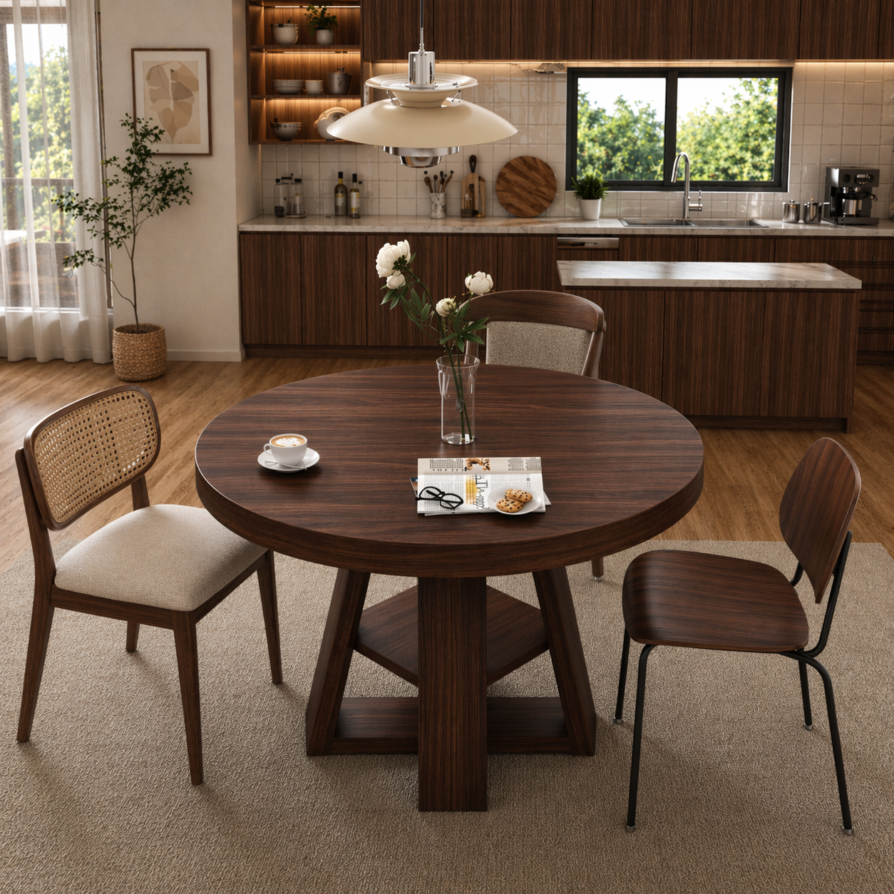 Round Solid Wood Dining Table – Pedestal Table for Modern Kitchen