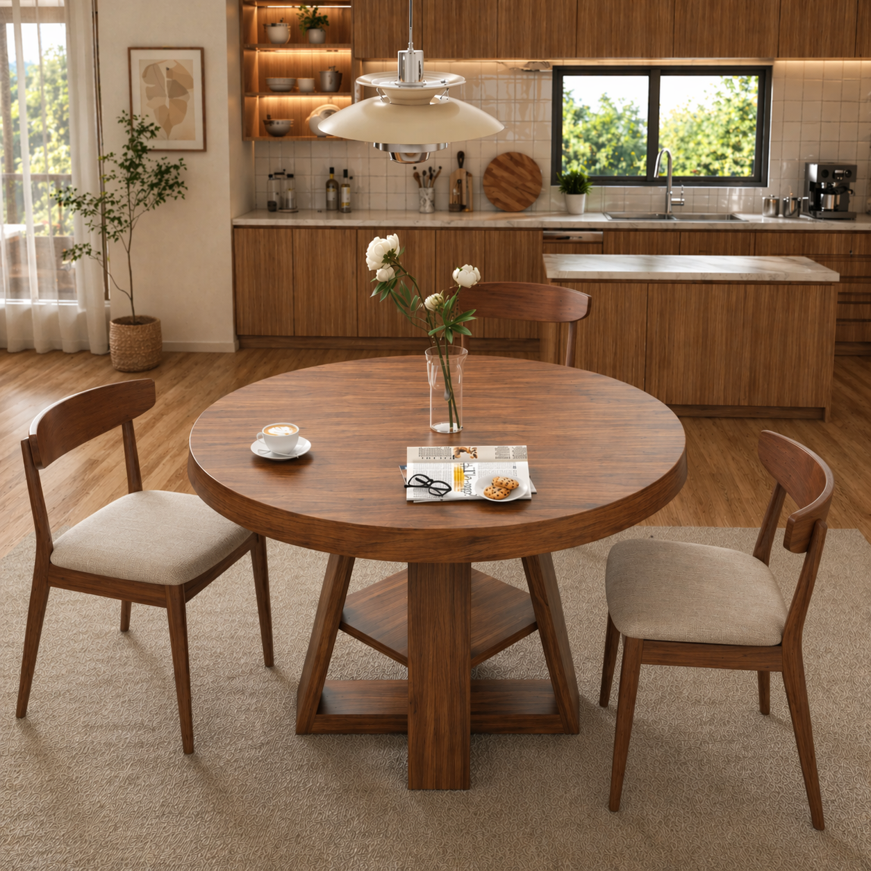Round Solid Wood Dining Table – Pedestal Table for Modern Kitchen