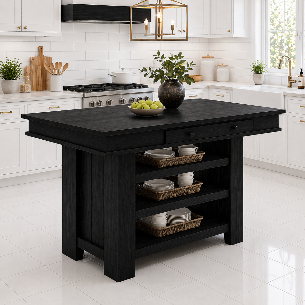 Solid Wood Kitchen Island with Storage – Walnut Prep Table with Shelves
