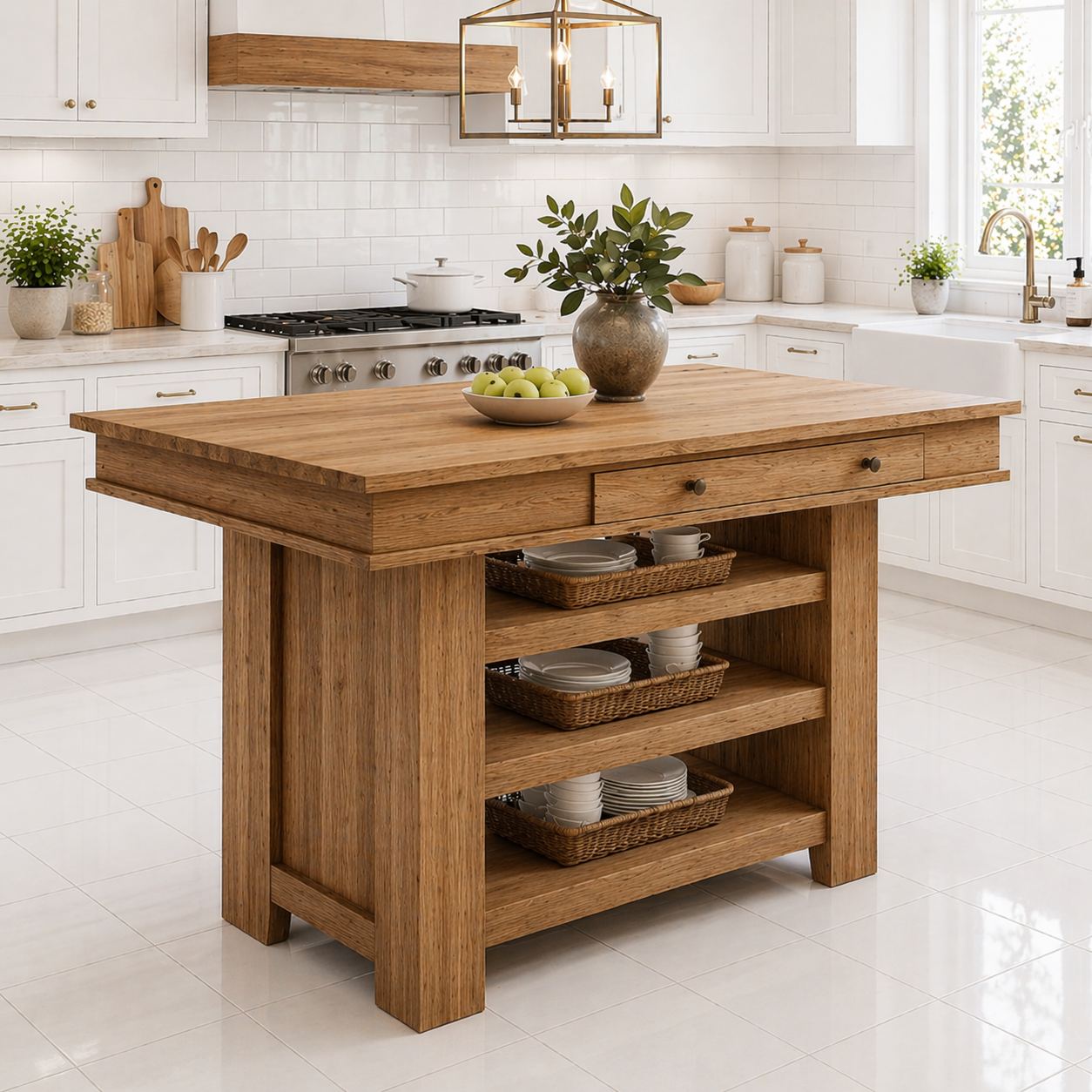 Solid Wood Kitchen Island with Storage – Walnut Prep Table with Shelves