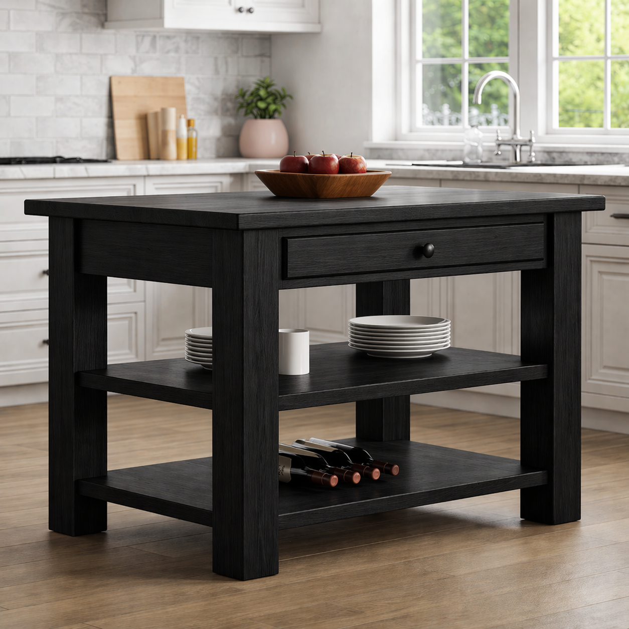 Solid Wood Kitchen Island Table with Storage – Walnut Prep Table with Drawer & Open Shelves