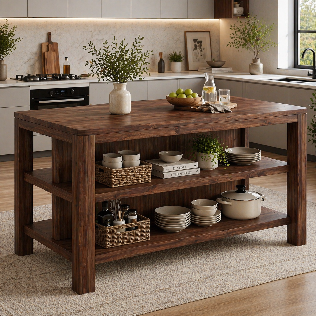 Solid Wood Kitchen Island with Open Shelves – Natural Oak Prep Table for Modern Kitchen