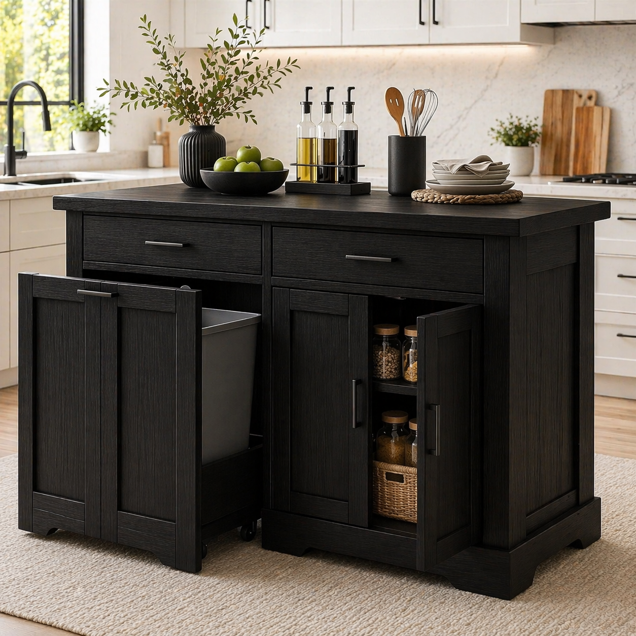 Solid Wood Kitchen Island with Trash Storage – Prep Table with Cabinets