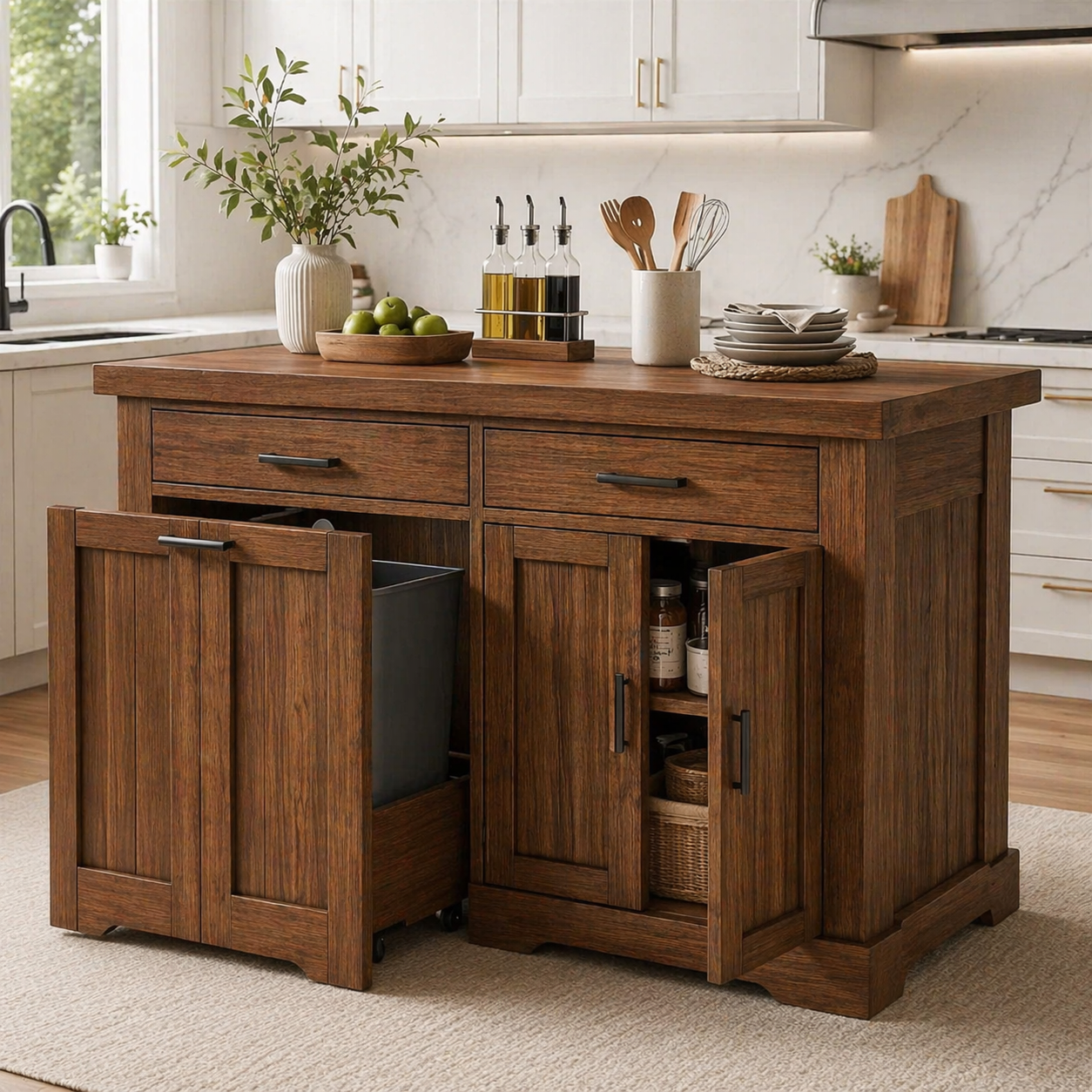 Solid Wood Kitchen Island with Trash Storage – Prep Table with Cabinets