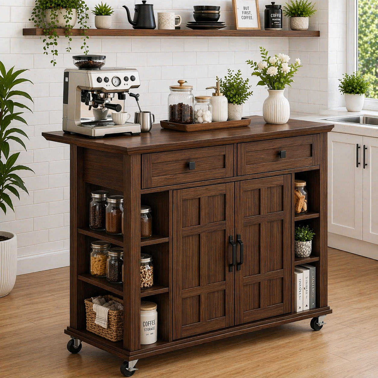 Solid Wood Kitchen Island Cart – Walnut Coffee Station with Storage Shelves