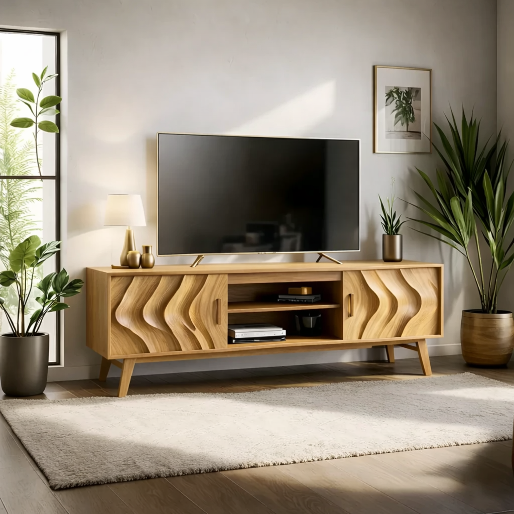 Solid Wood TV Stand Modern Walnut Media Console with Wave Doors and Storage