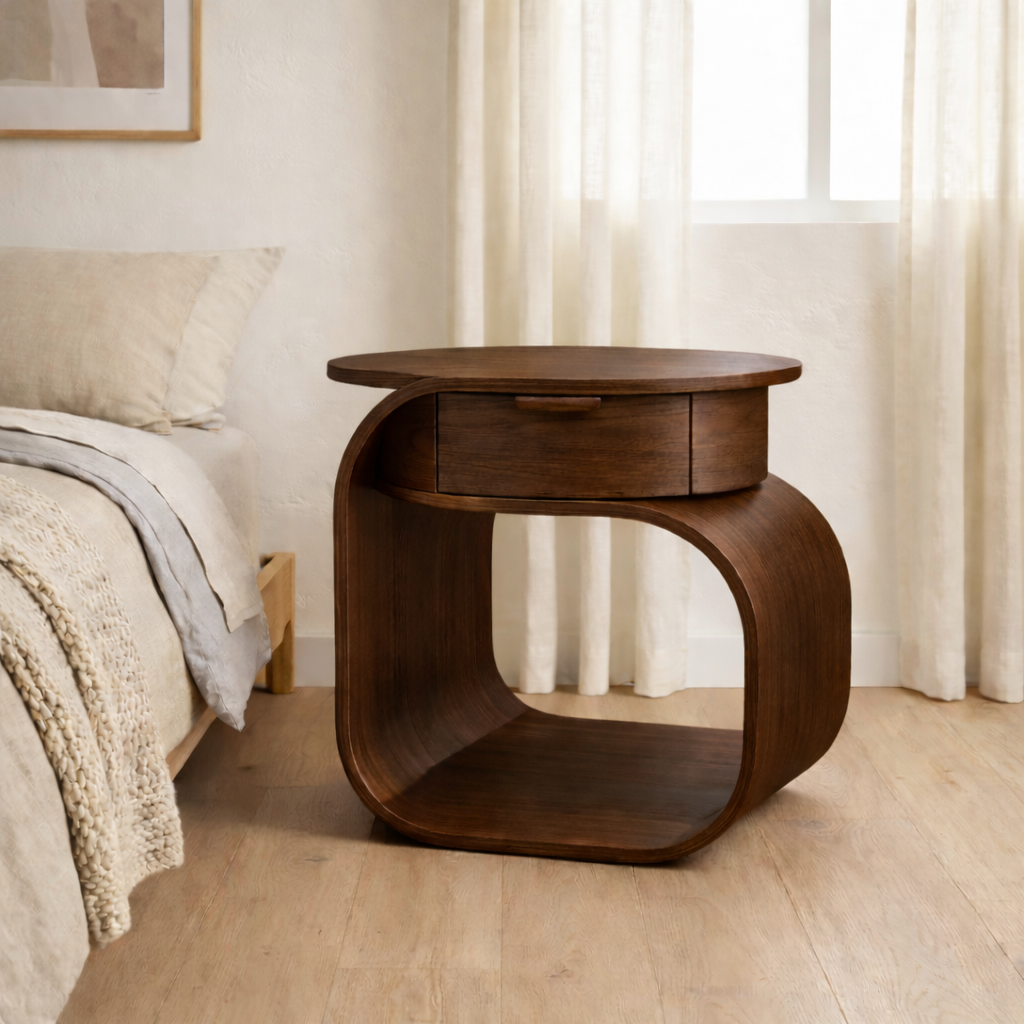 Solid Wood Nightstand with Built-in Cat Bed – Modern Curved Pet Friendly Bedside Table