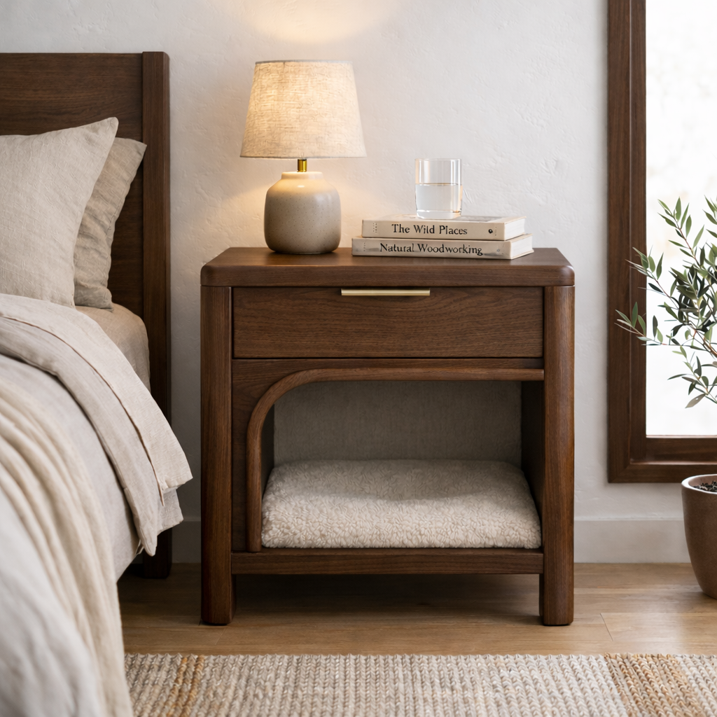 Solid Wood Nightstand with Built-in Cat Bed – Modern Bedside Table with Pet Sleeping Space