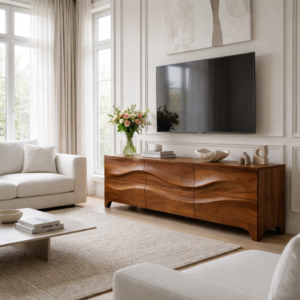 Modern Walnut Wave TV Stand – Sculpted Wood Media Console