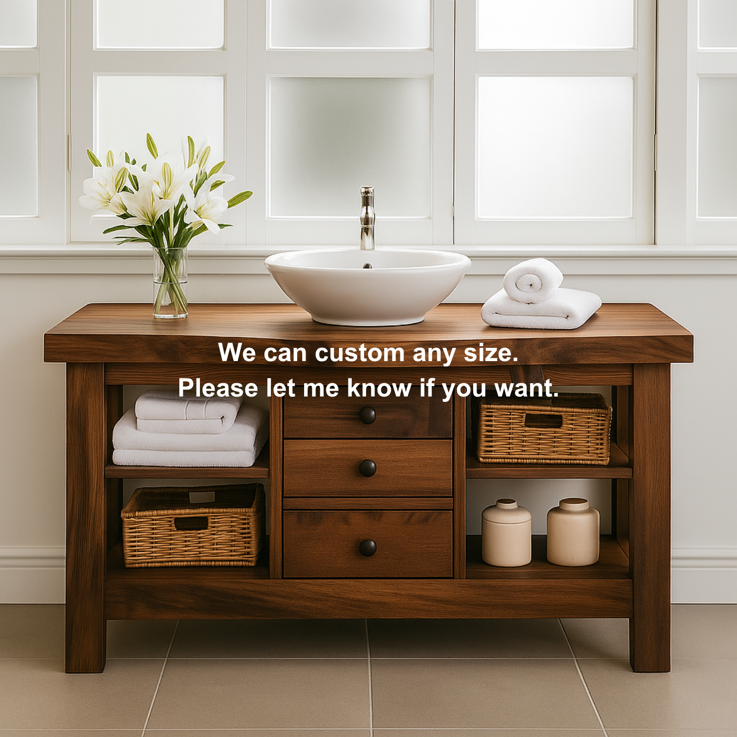 Solid Wood Bathroom Vanity with 3 Drawers & Open Shelf Storage
