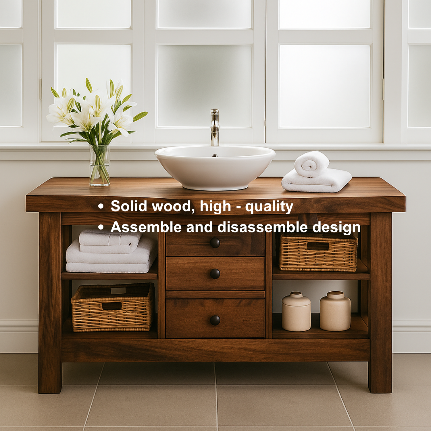 Solid Wood Bathroom Vanity with 3 Drawers & Open Shelf Storage