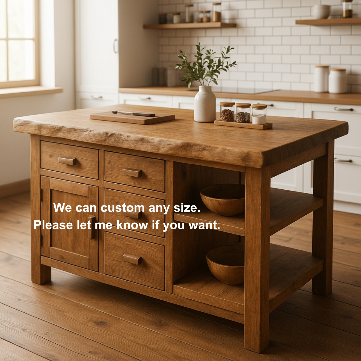 Rustic Solid Wood Kitchen Island with Storage Drawers and Open Shelving