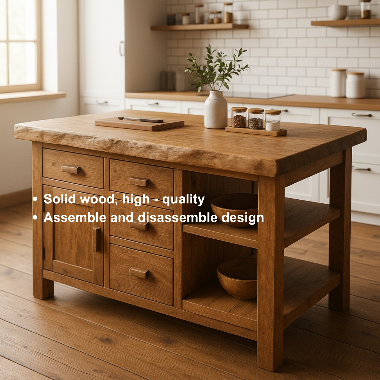 Rustic Solid Wood Kitchen Island with Storage Drawers and Open Shelving