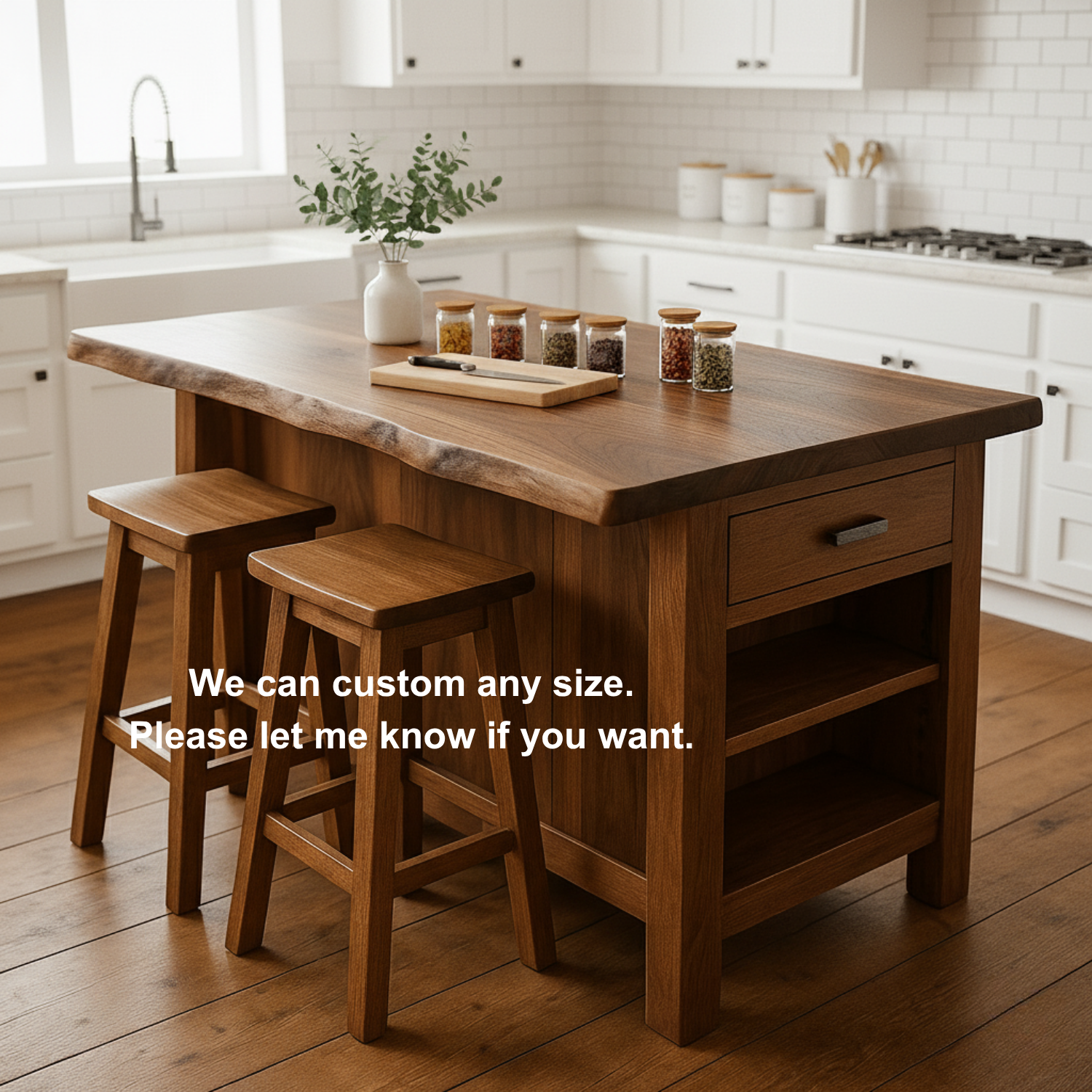 Solid Wood Kitchen Island with Seating, Drawer & Open Shelves – Rustic Modern