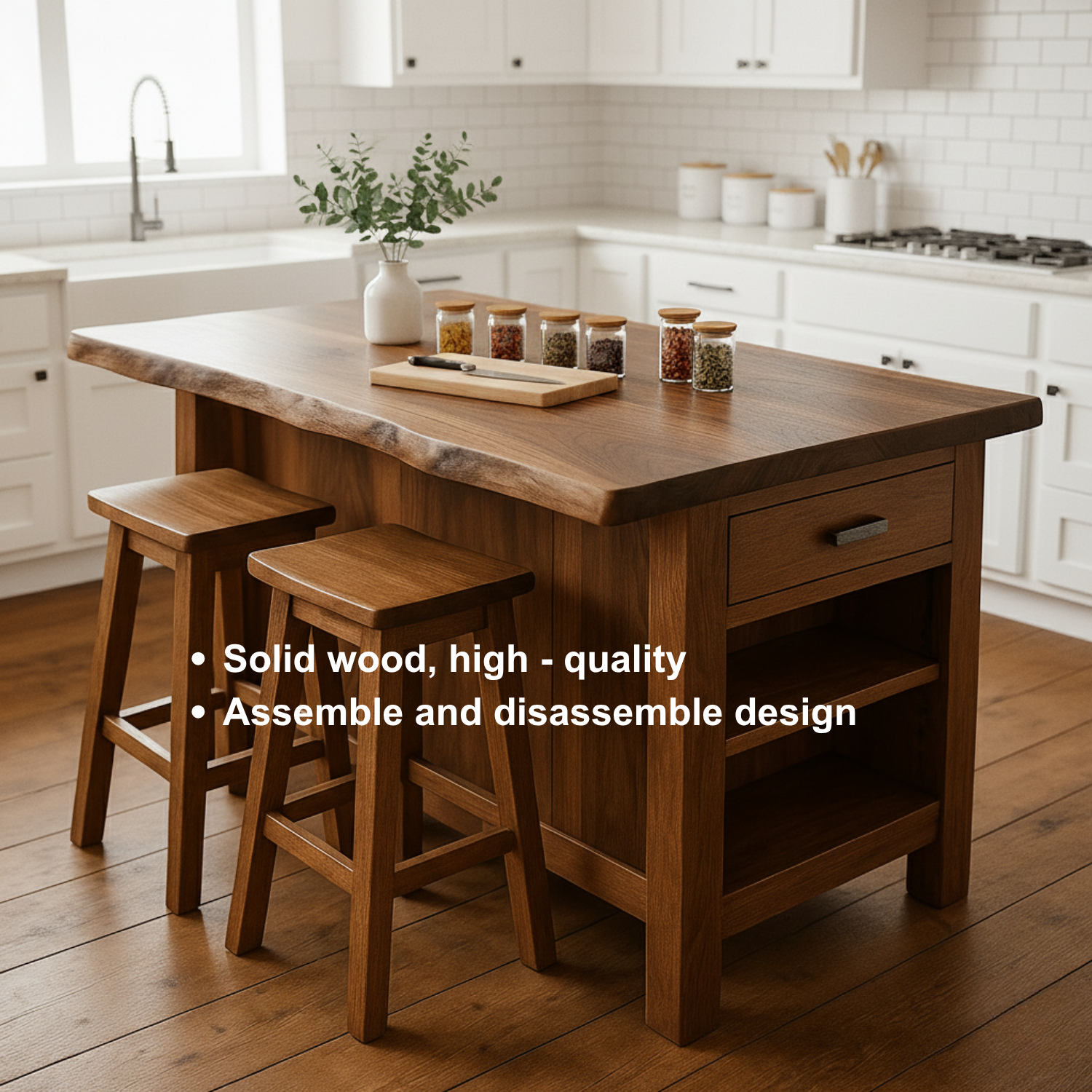 Solid Wood Kitchen Island with Seating, Drawer & Open Shelves – Rustic Modern