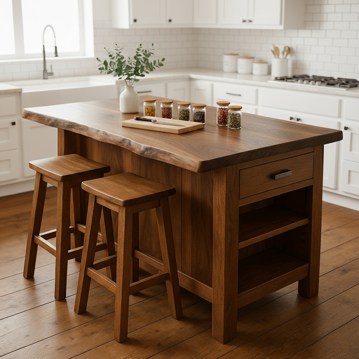 Solid Wood Kitchen Island with Seating, Drawer & Open Shelves – Rustic Modern