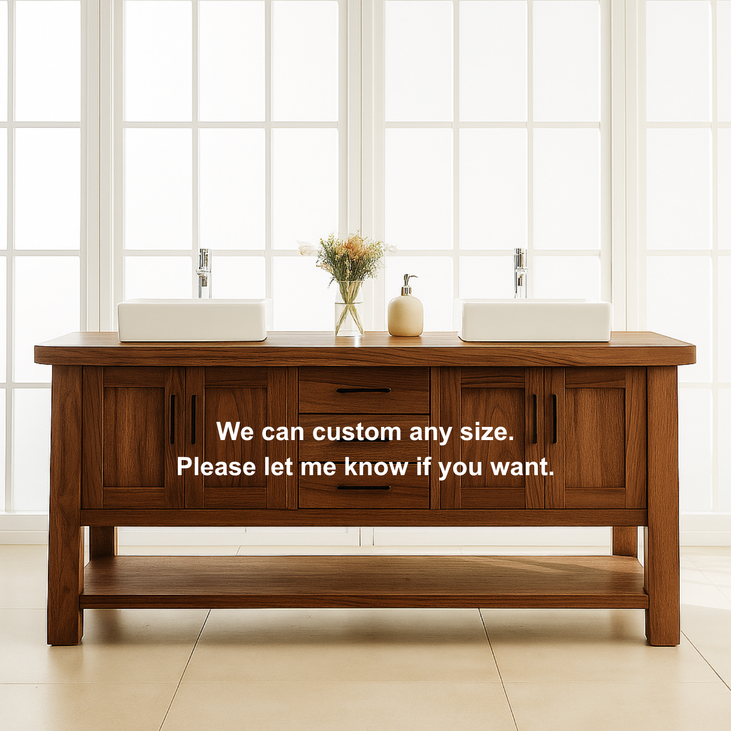 Solid Wood Double Bathroom Vanity with Drawers, Cabinets & Open Shelf