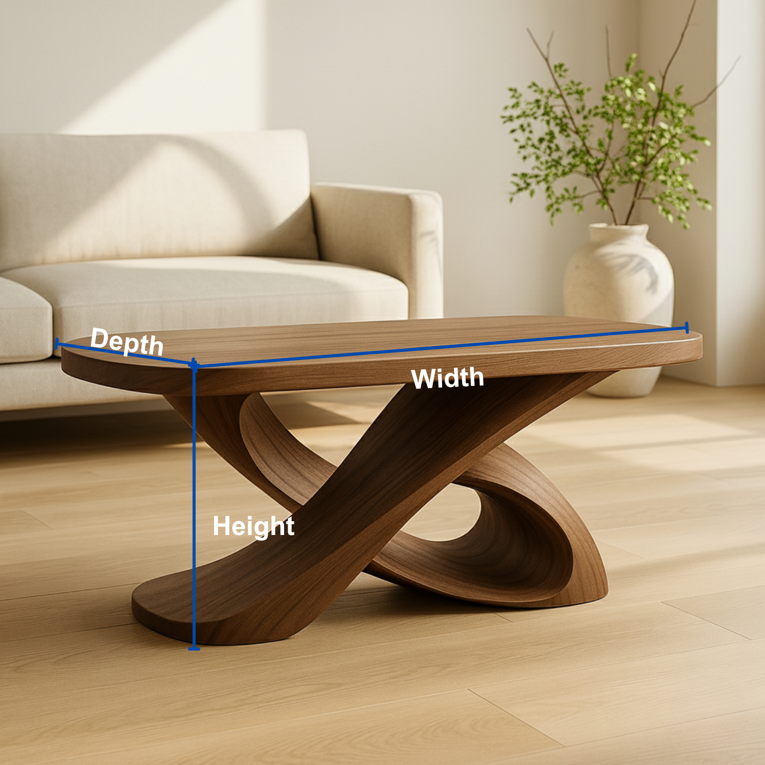 Modern Solid Wood Coffee Table with Sculptural Curved Base – Handmade Living Room Table