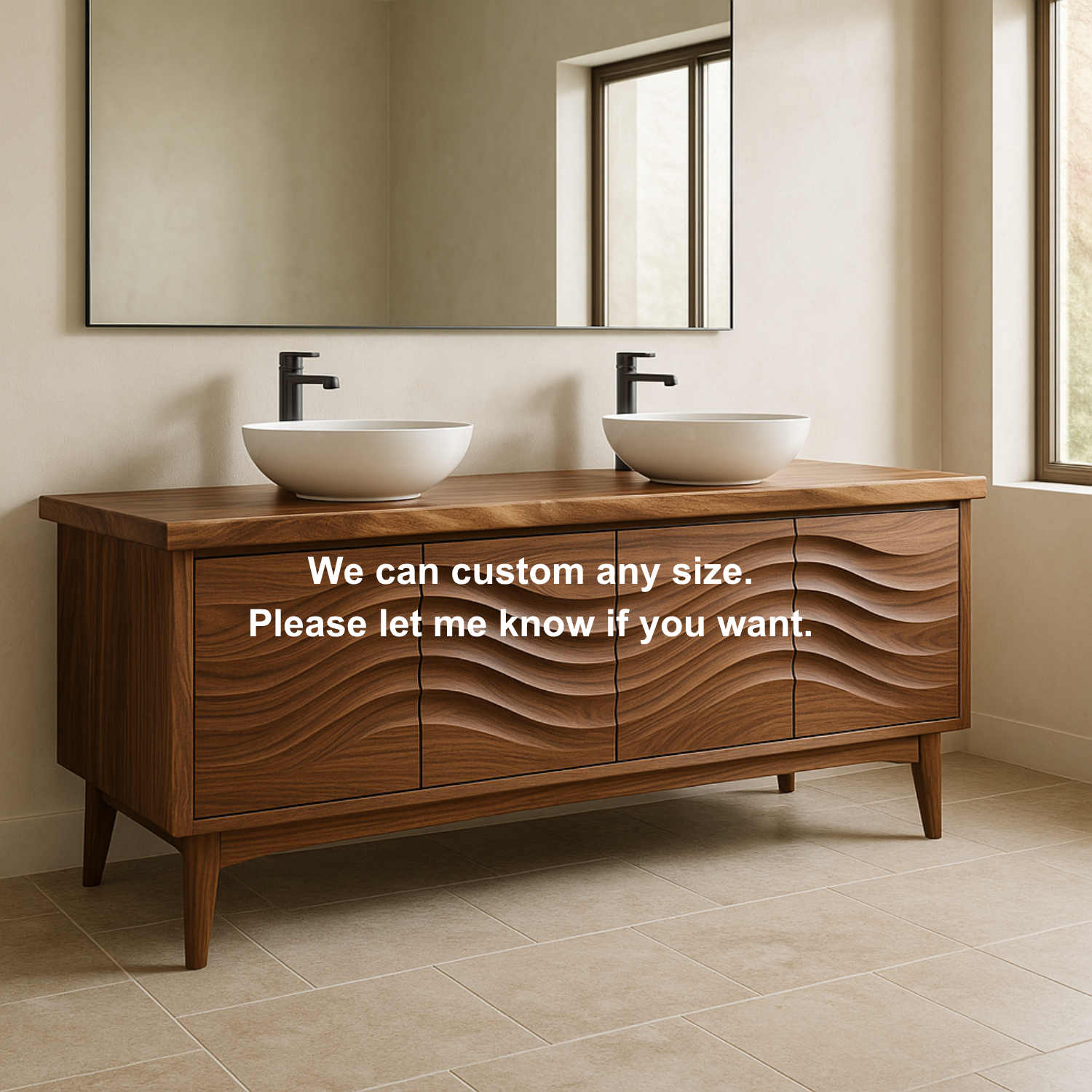 Solid Wood Double Sink Bathroom Vanity with Sculpted Wave Front