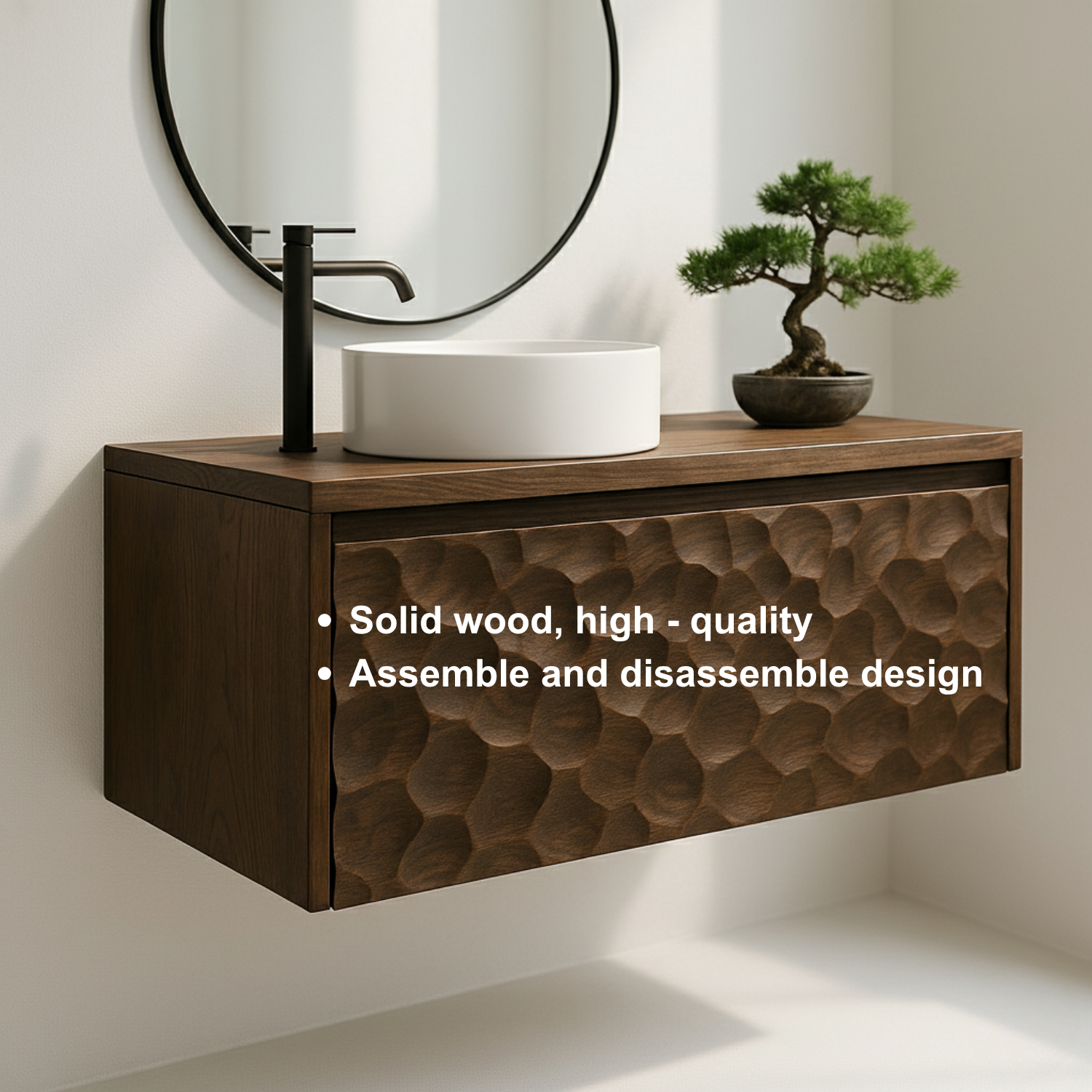 Solid Wood Floating Bathroom Vanity with Hand-Carved Front – Modern Wall Mounted Vanity