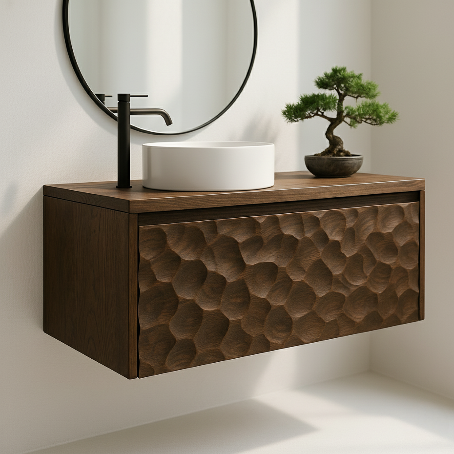 Solid Wood Floating Bathroom Vanity with Hand-Carved Front – Modern Wall Mounted Vanity
