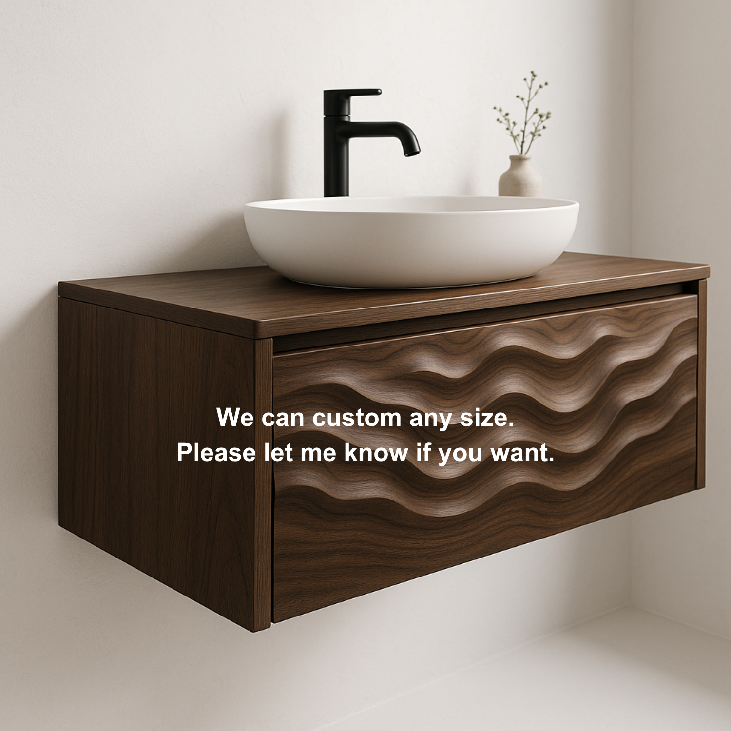 Floating Solid Wood Bathroom Vanity with Sculpted Wave Front