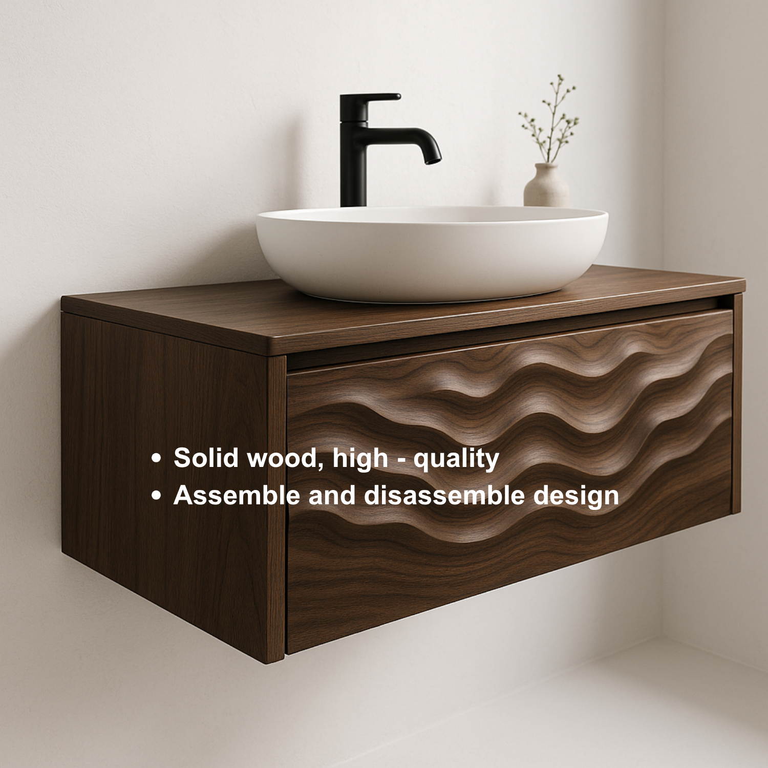 Floating Solid Wood Bathroom Vanity with Sculpted Wave Front