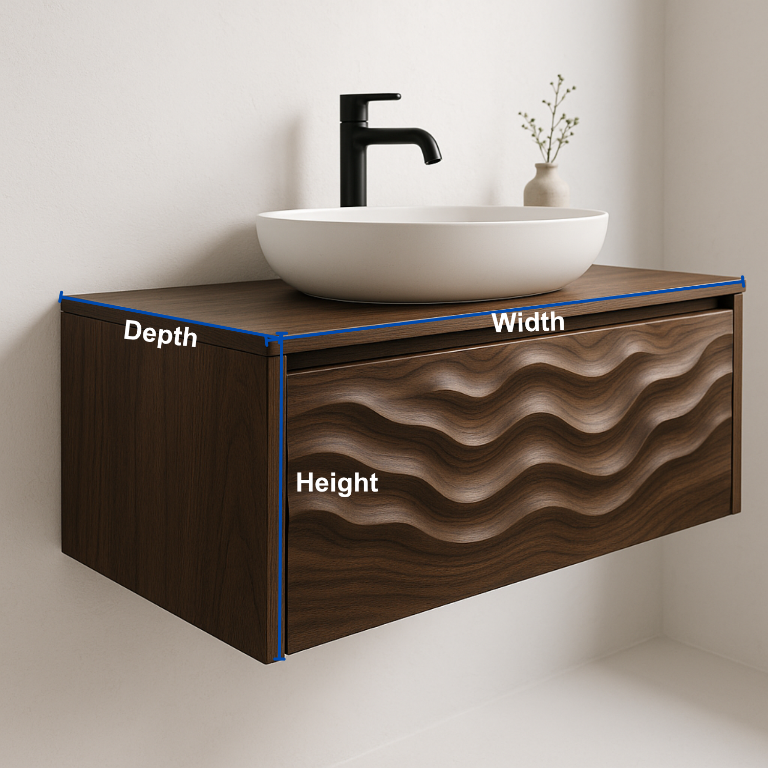 Floating Solid Wood Bathroom Vanity with Sculpted Wave Front