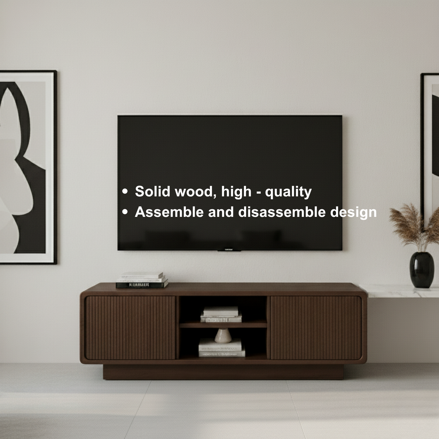 Solid Wood TV Stand with Rattan Detailing – Stylish Storage for Living Room