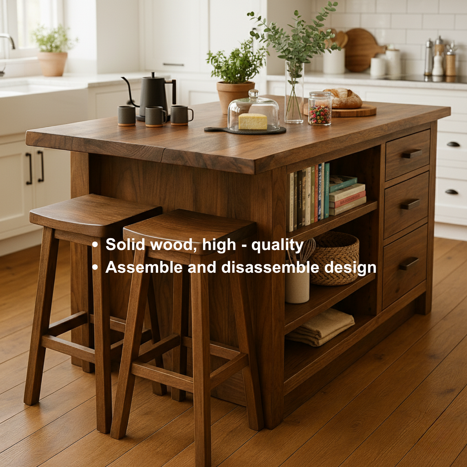 Live Edge Solid Wood Kitchen Island with Drawers - Rustic Farmhouse Butcher Block Prep Station