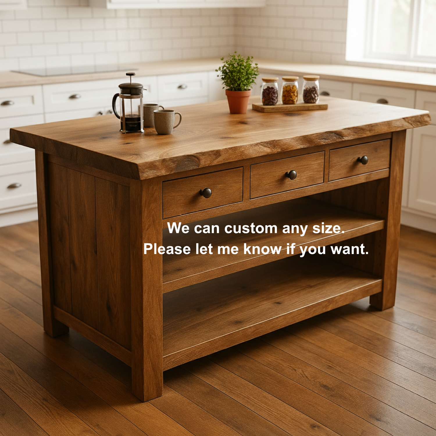 Rustic Farmhouse Kitchen Island: Solid Wood Prep Station with 3 Drawers