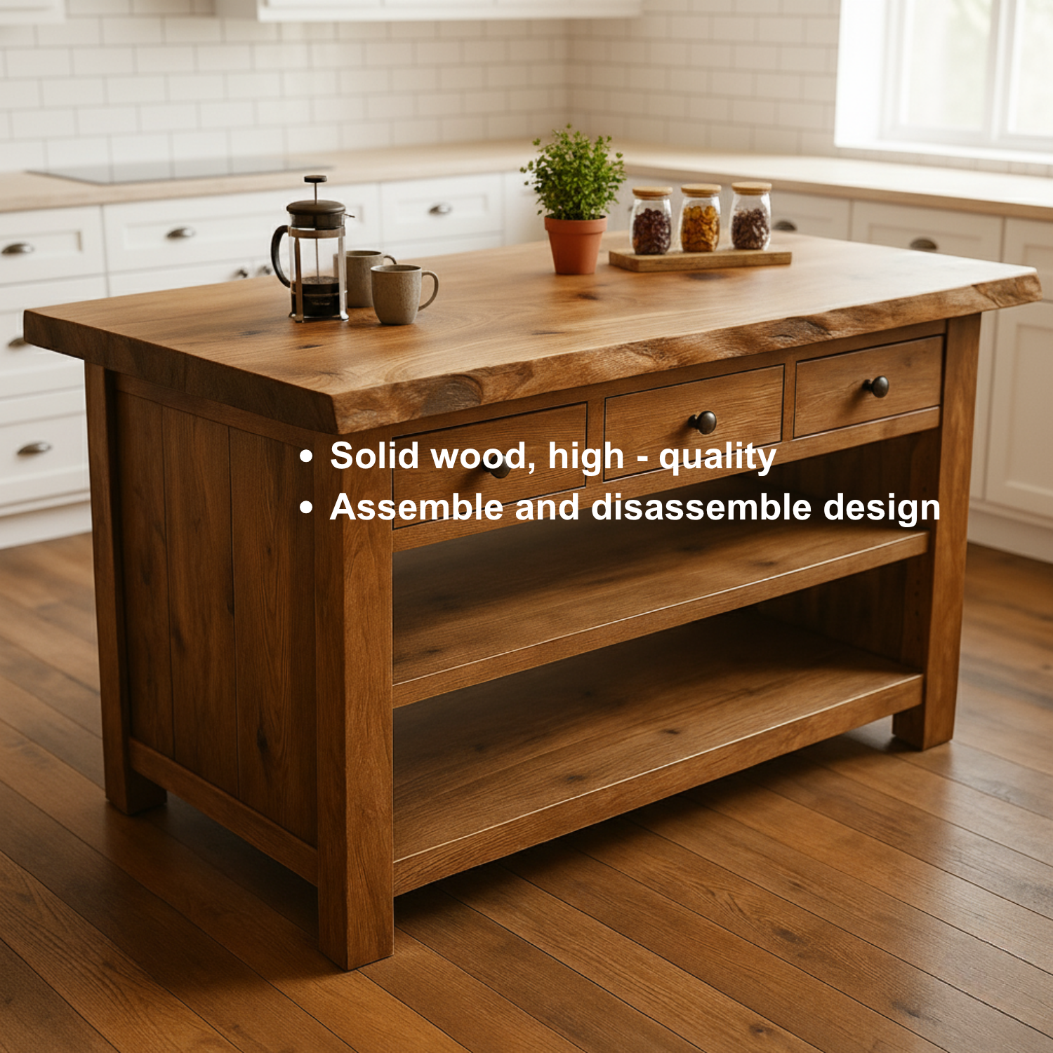 Rustic Farmhouse Kitchen Island: Solid Wood Prep Station with 3 Drawers