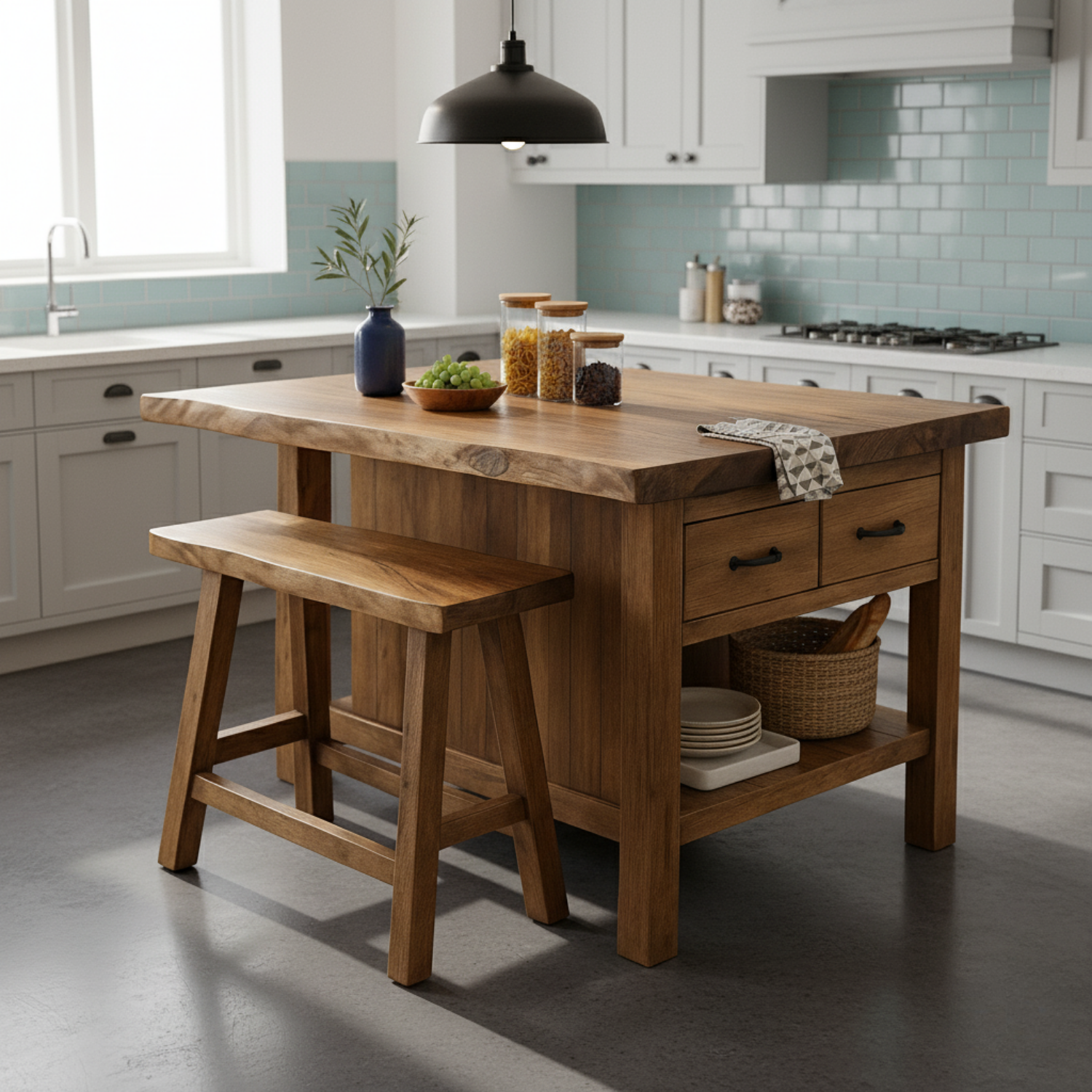 Live Edge Solid Wood Kitchen Island with Storage Drawers - Rustic Farmhouse Butcher Block Station