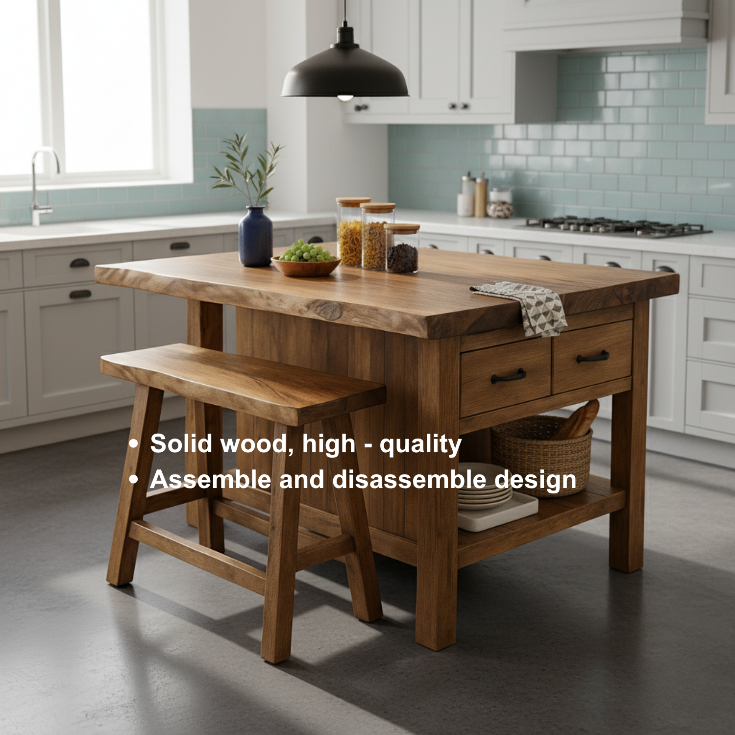 Live Edge Solid Wood Kitchen Island with Storage Drawers - Rustic Farmhouse Butcher Block Station