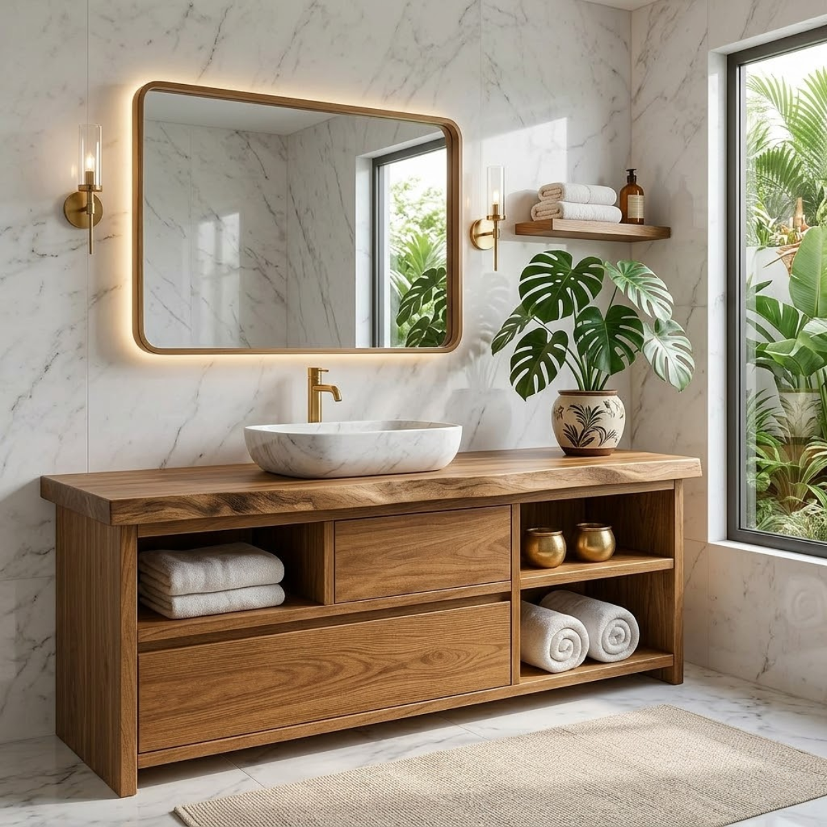 Elegant Wooden Bathroom Vanity with Marble Sink and LED Mirror