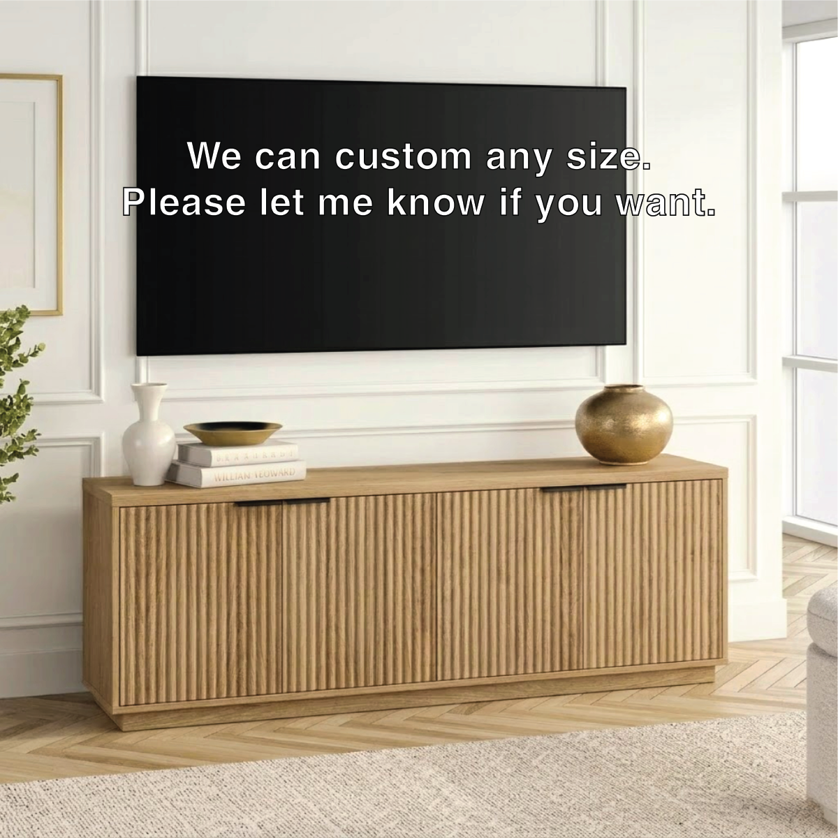 Fluted Solid Wood TV Stand Modern Low Profile Media Console with Hidden Storage