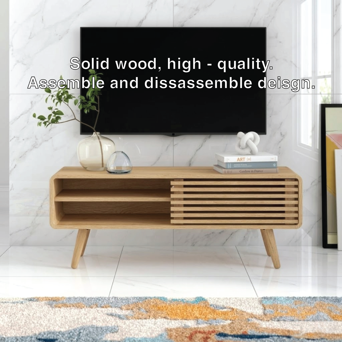 Modern Solid Wood TV Stand with Slatted Door Open Shelf Mid Century Media Console