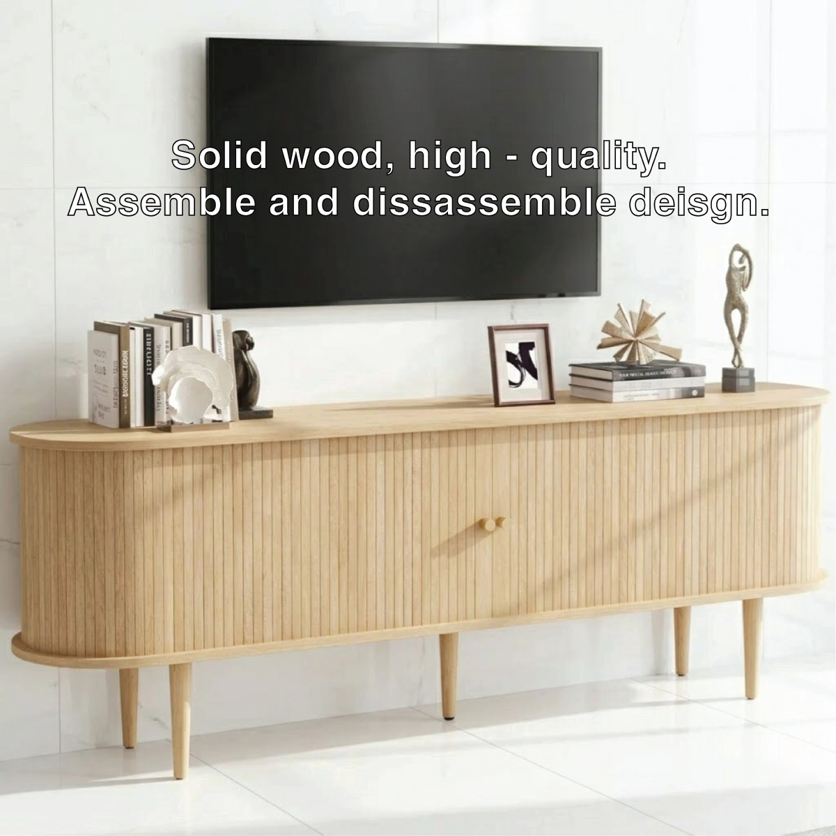 Fluted Solid Wood TV Stand Curved Edge Media Console Mid Century Style Storage