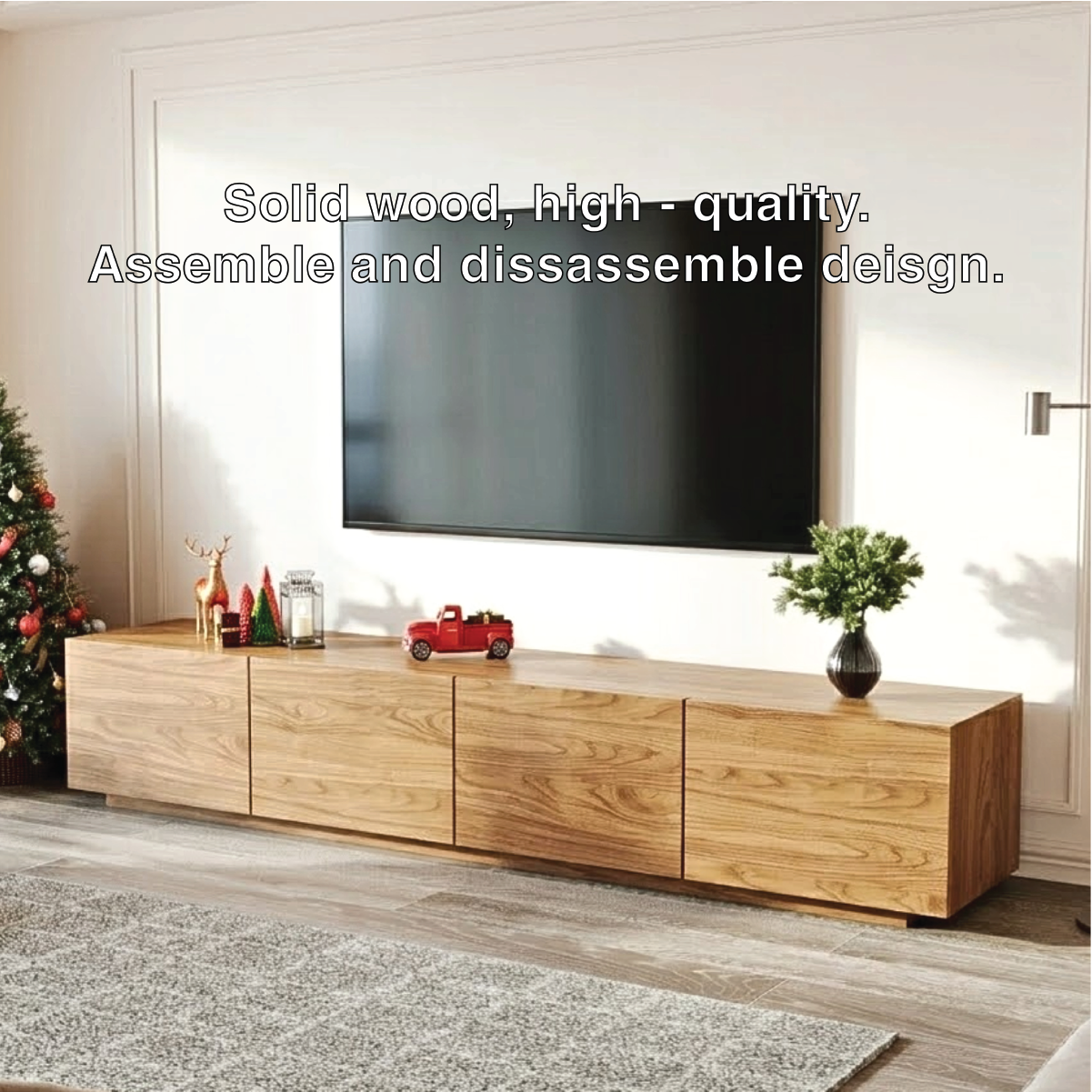 Modern Solid Wood TV Stand Long Low Profile Media Console Minimal Storage Cabinet