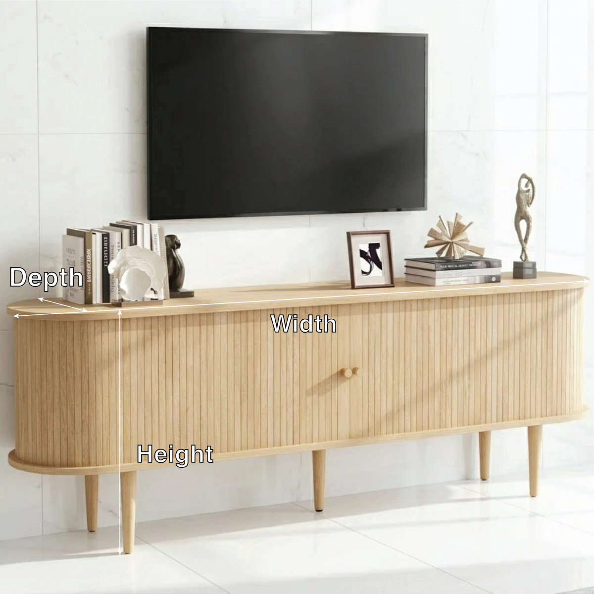 Fluted Solid Wood TV Stand Curved Edge Media Console Mid Century Style Storage