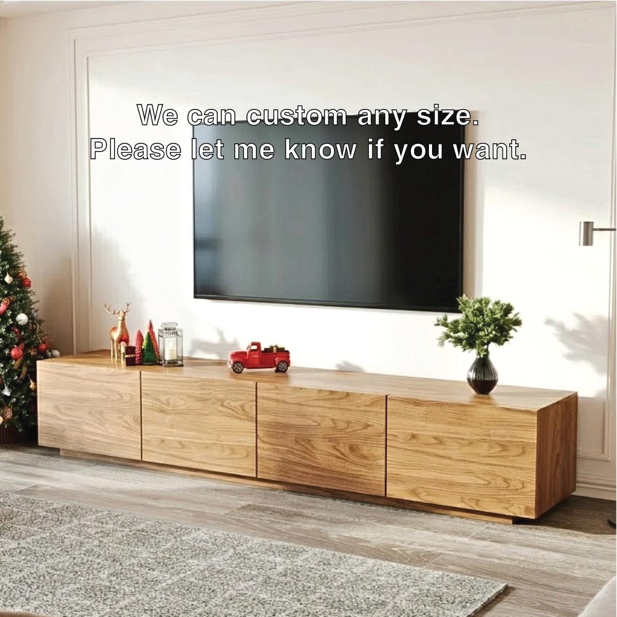 Modern Solid Wood TV Stand Long Low Profile Media Console Minimal Storage Cabinet