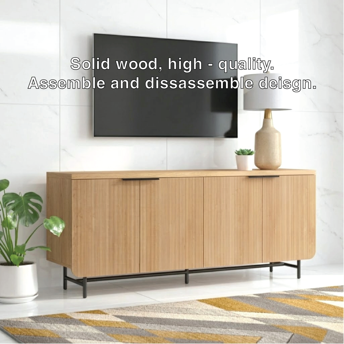 Modern Solid Wood TV Stand Fluted Front Media Console with Metal Base Storage Unit