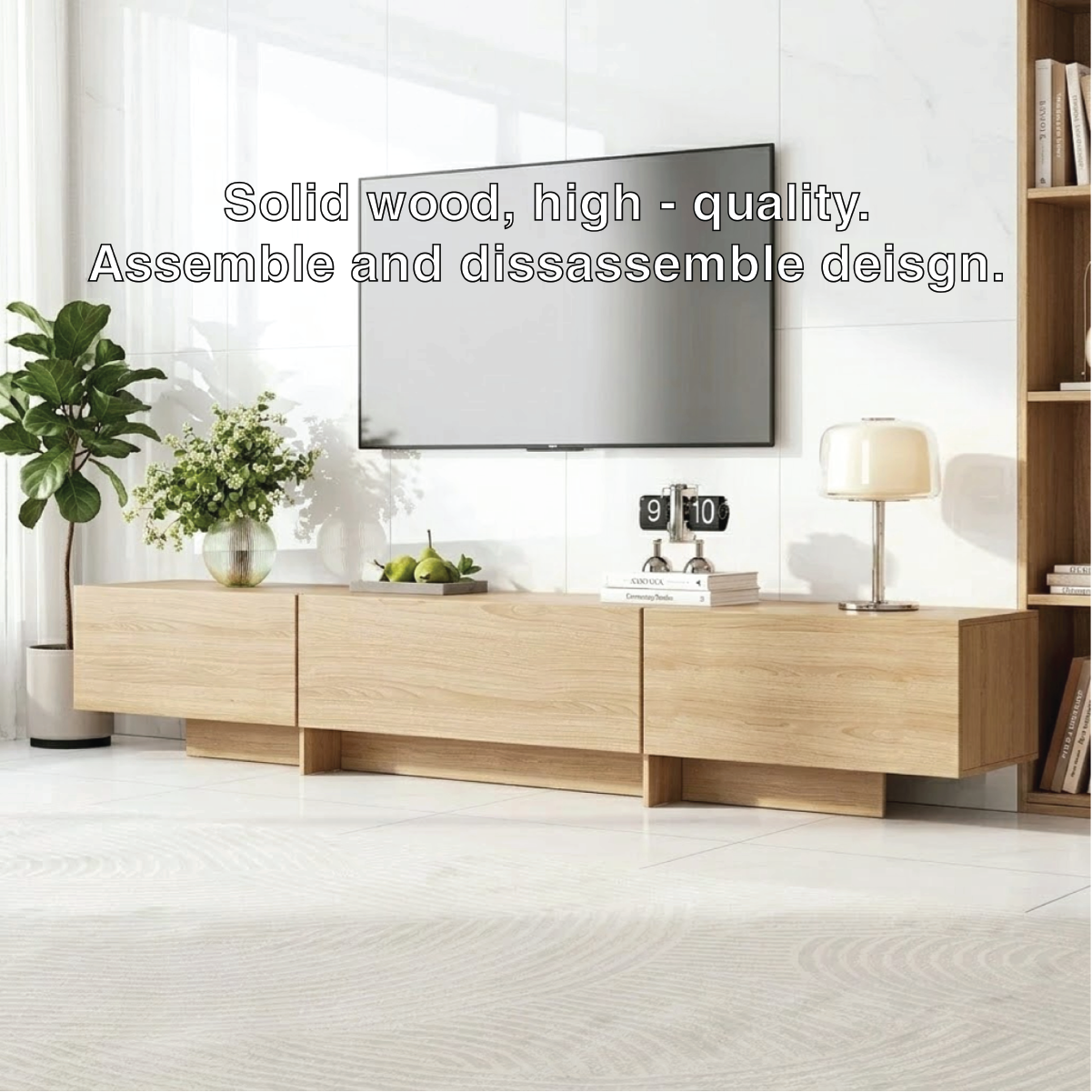 Modern Solid Wood TV Stand Long Low Profile Media Console Minimal Storage Unit