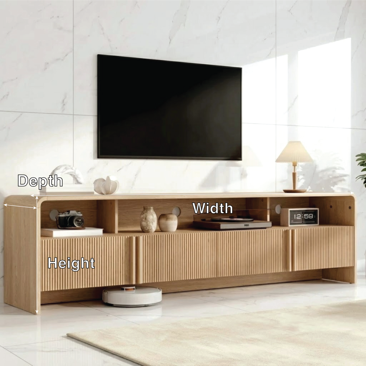 Modern Solid Wood TV Stand with Open Shelf Fluted Doors Low Profile Media Console