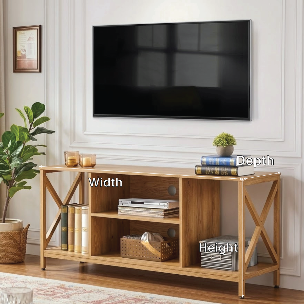 Modern Solid Wood TV Stand with Open Shelves X Frame Sides Media Console