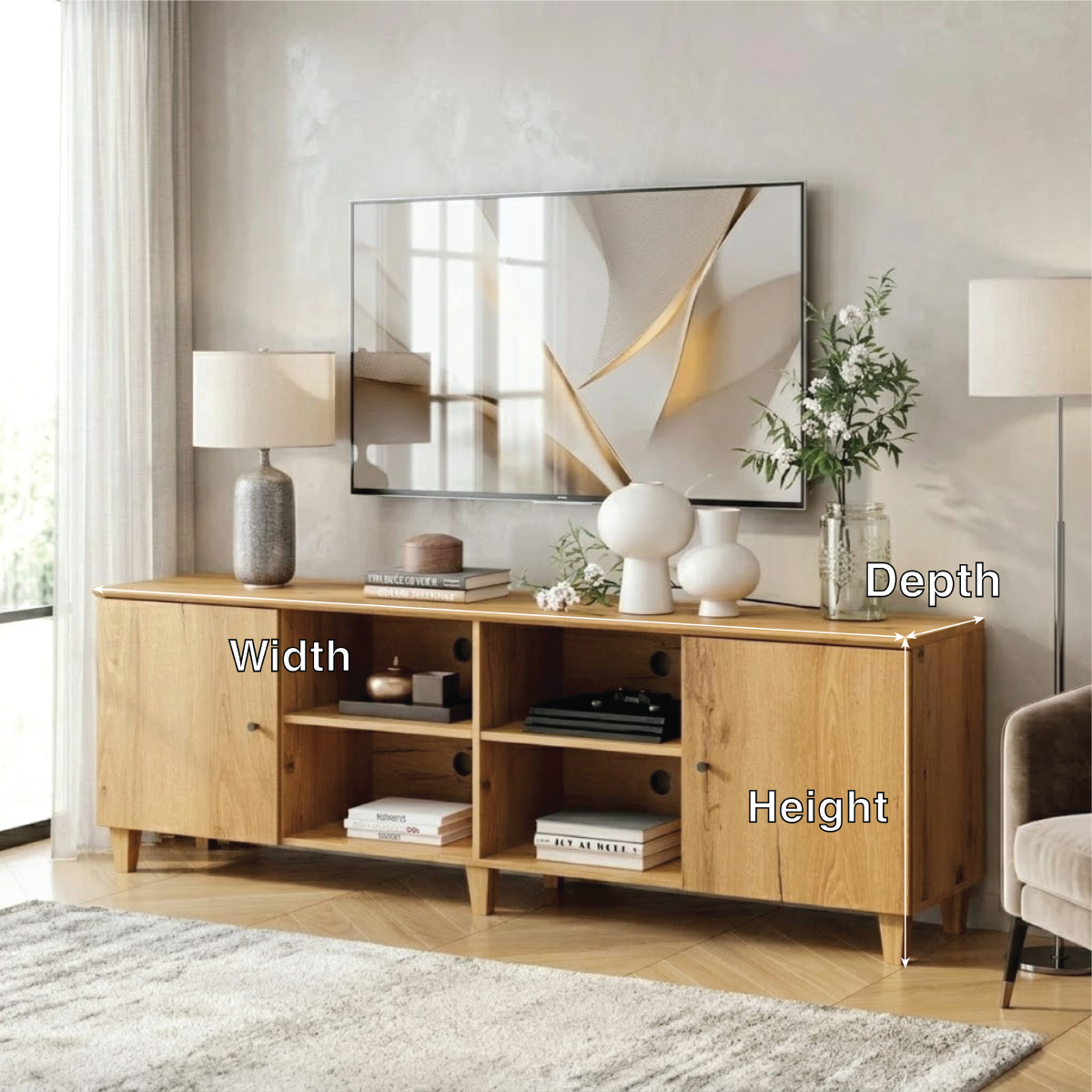Modern Solid Wood TV Stand with Open Cubes and Side Cabinets Media Console