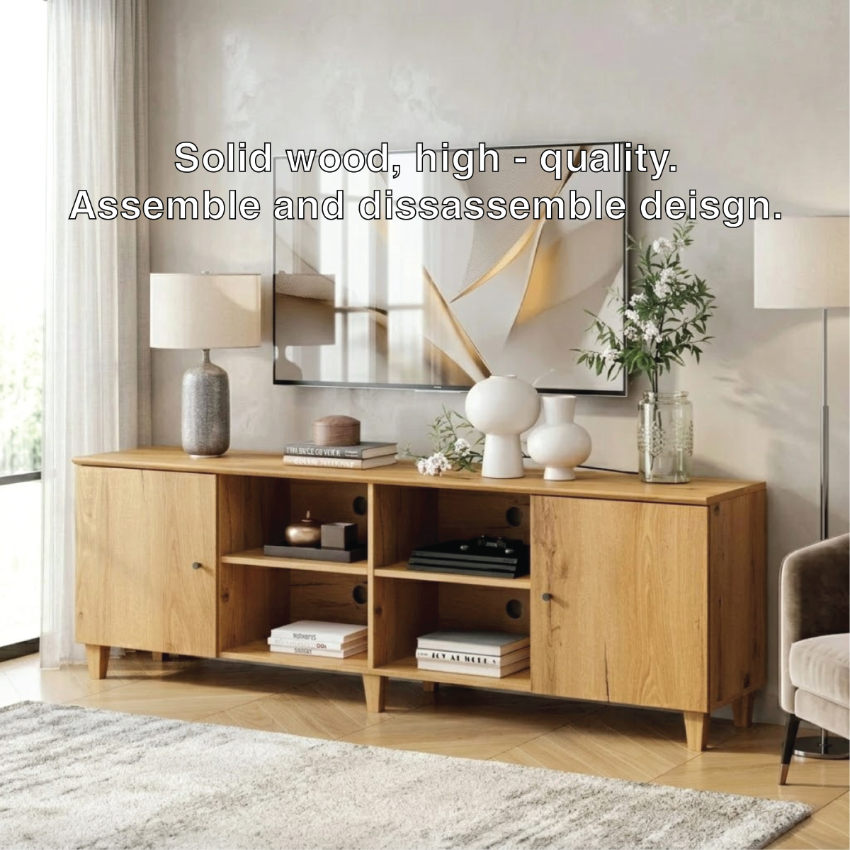 Modern Solid Wood TV Stand with Open Cubes and Side Cabinets Media Console