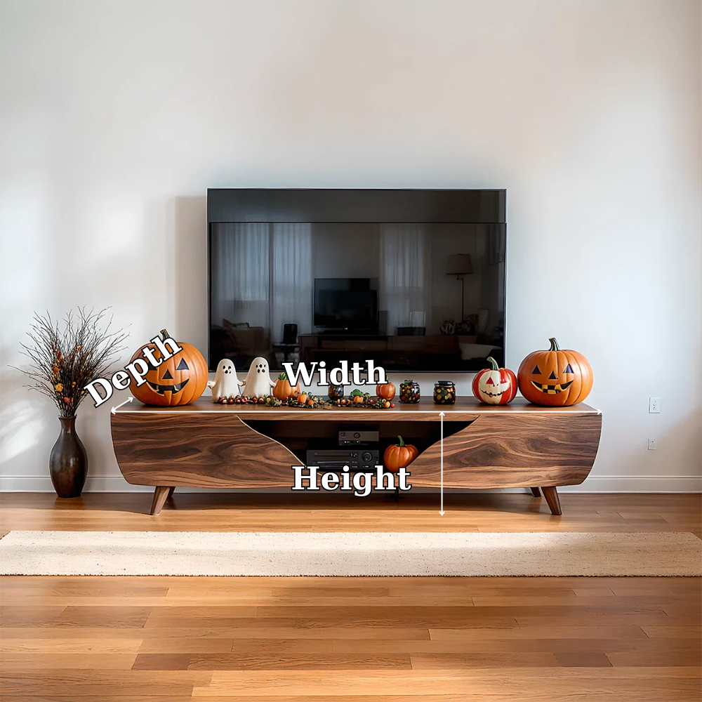 Solid Wood TV Stand Modern Walnut Media Console with Curved Front and Storage