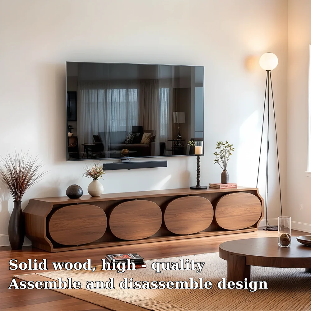 Solid Wood TV Stand Modern Walnut Media Console with Round Panel Doors and Storage
